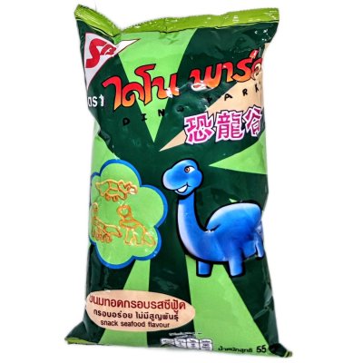 Zoom bild av dinosaurie-snacks-skaldjursmak-krispiga